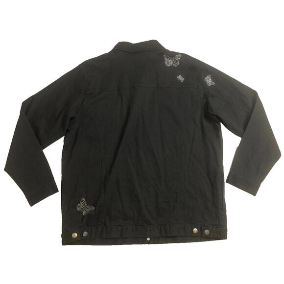 Quacker Factory Butterflies Embellished Stretch Black Jean Denim Jacket Coat L - Picture 2 of 5
